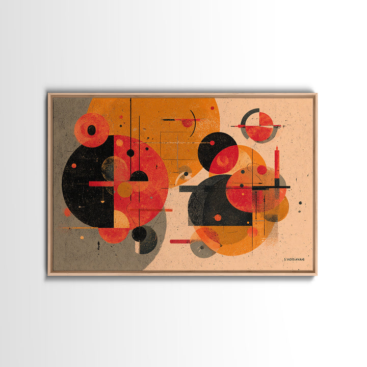 Orange Black Geometric Circles Canvas Print, Midcentury Modern Art, Atomic Retro Poster, Abstract Wall Decor For Living Room