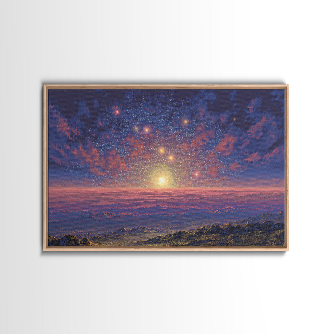 Starry Mountain Sunrise Canvas Print, Scenic Space Abstract Art, Blue Pink Landscape Wall Decor, Modern Home Art Poster Gift