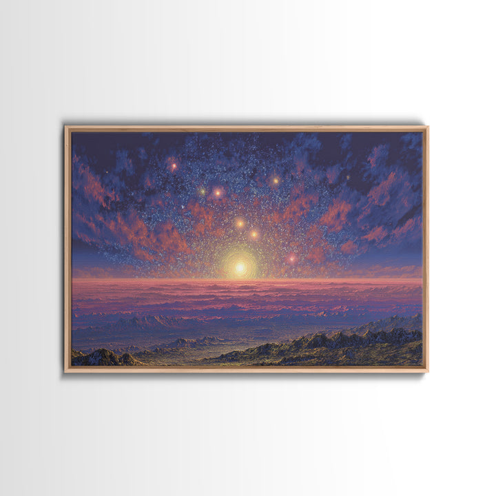 Starry Mountain Sunrise Canvas Print, Scenic Space Abstract Art, Blue Pink Landscape Wall Decor, Modern Home Art Poster Gift