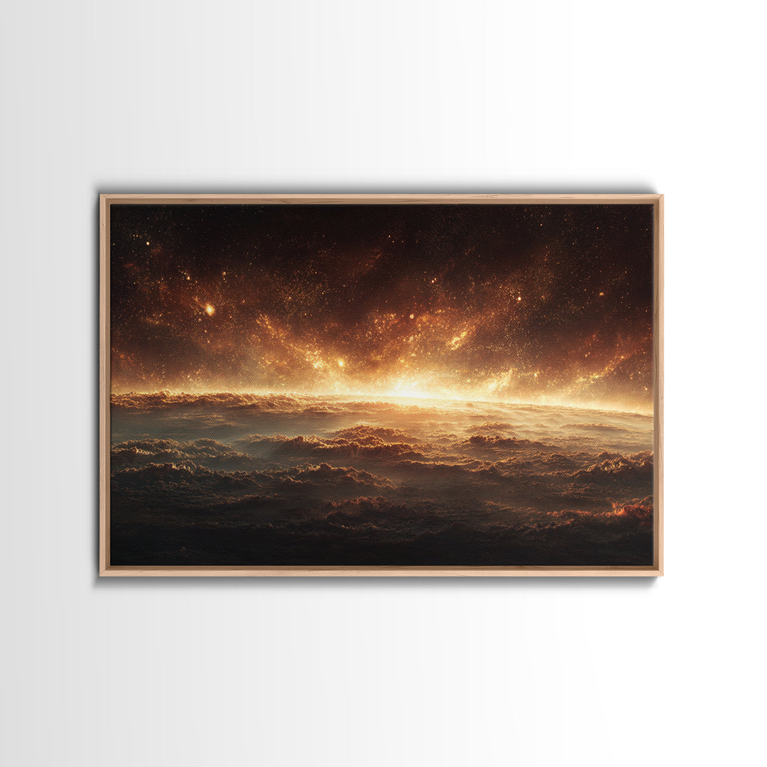 Golden Cosmic Horizon Framed Canvas Print, Space Abstract Art, Starry Cloudscape Wall Decor, Modern Wall Art For Bedroom