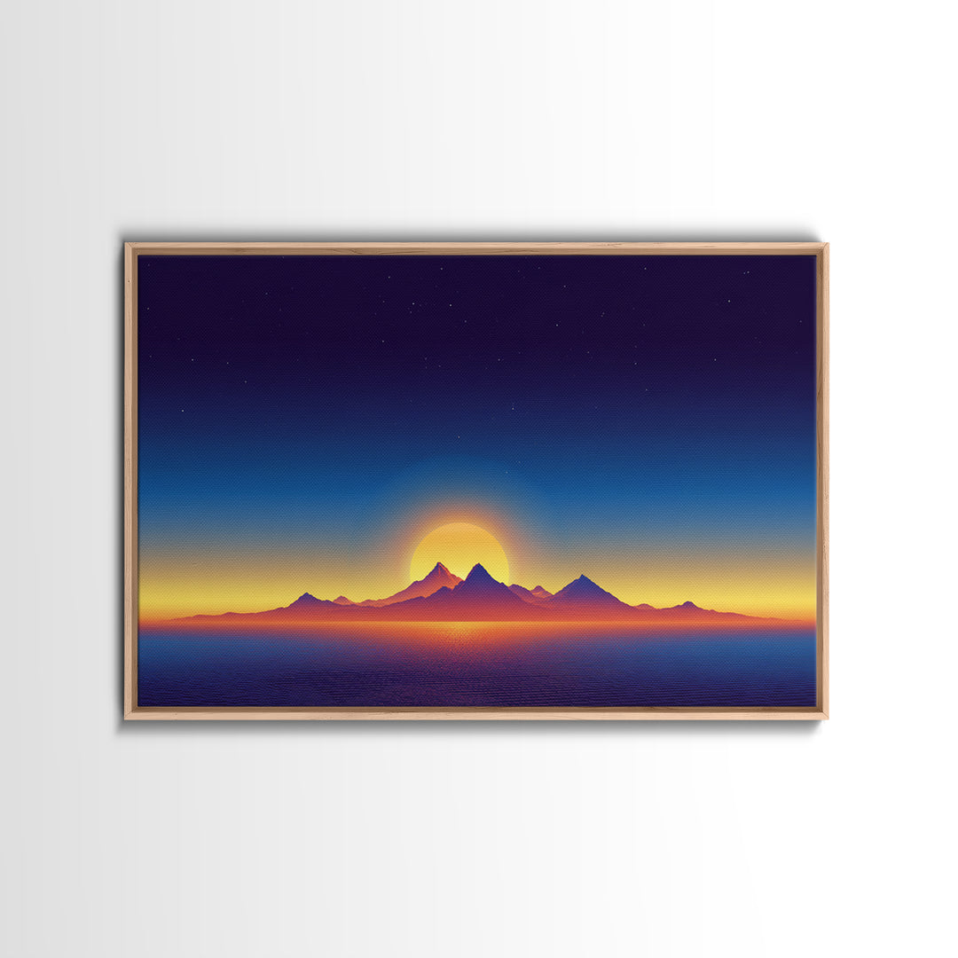 Minimal Island Sunrise Canvas Print, Retro Sunset Poster, Blue Yellow Ocean Landscape Wall Decor, Modern Home Art Gift Print