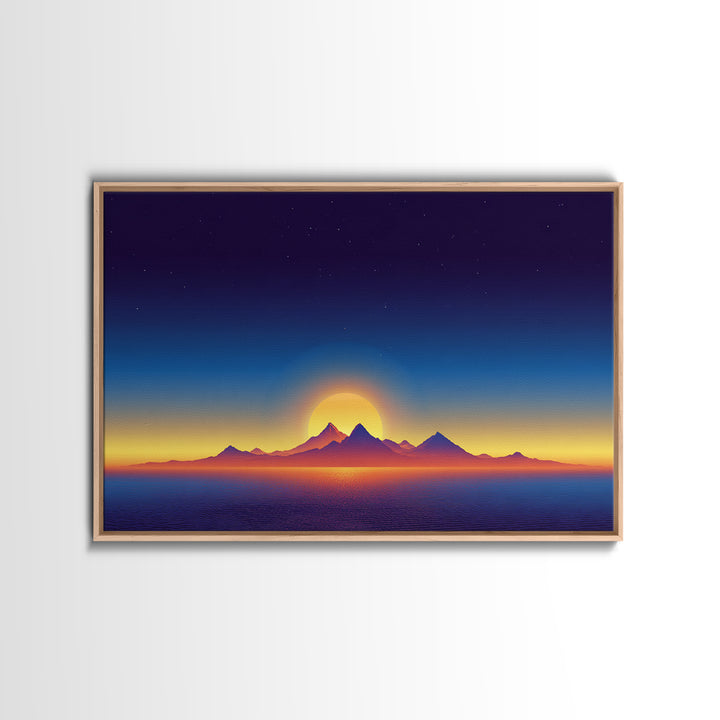 Minimal Island Sunrise Canvas Print, Retro Sunset Poster, Blue Yellow Ocean Landscape Wall Decor, Modern Home Art Gift Print