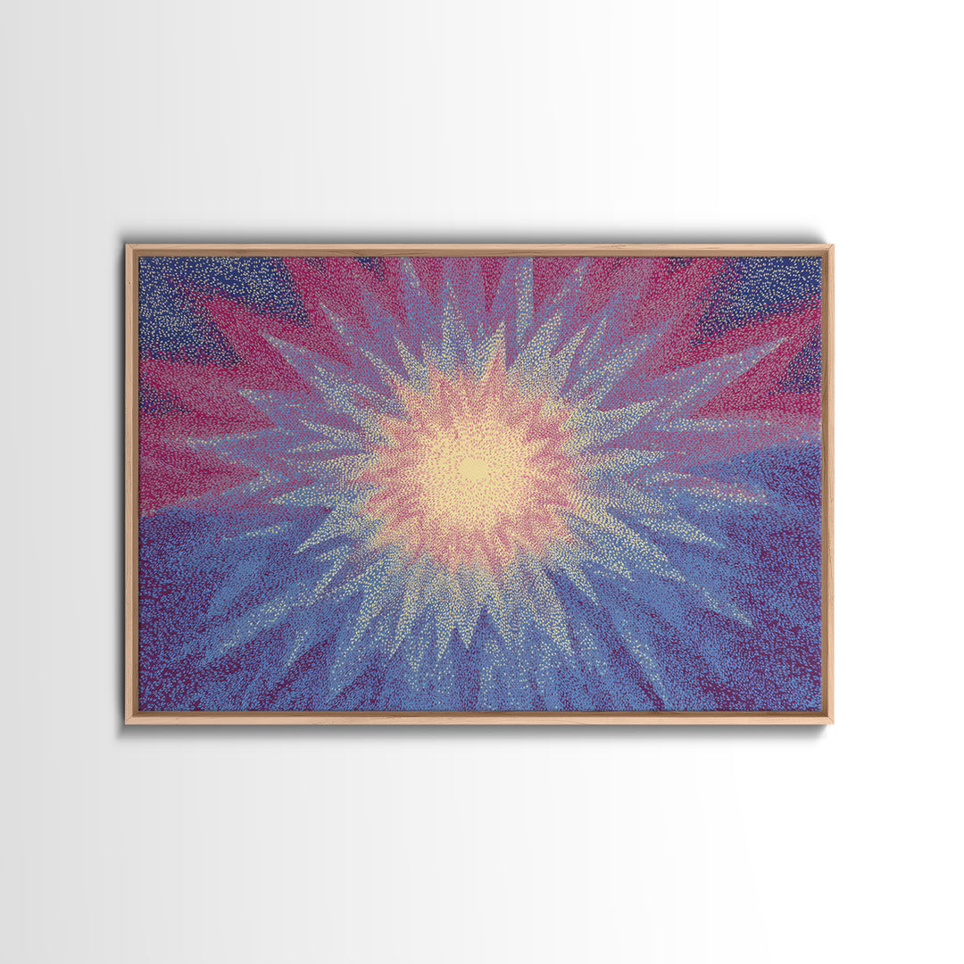 Pink And Blue Radiant Starburst Wall Art, Midcentury Modern Abstract Sun Print, Psychedelic Pointillism Decor Poster For Bedroom