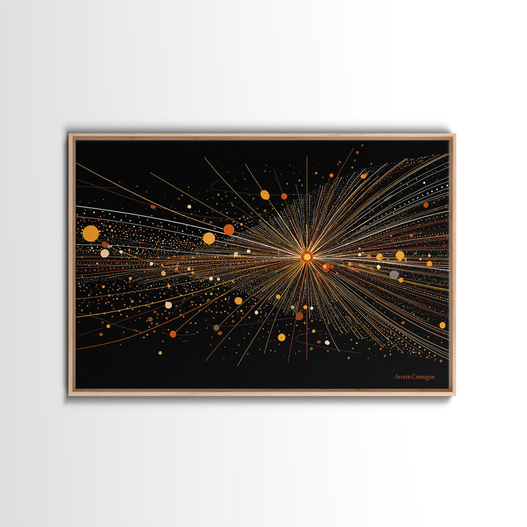 Golden Starburst Lines And Dots Canvas Print, Modern Abstract Art, Atomic Retro Wall Art Decor For Living Room Home Office