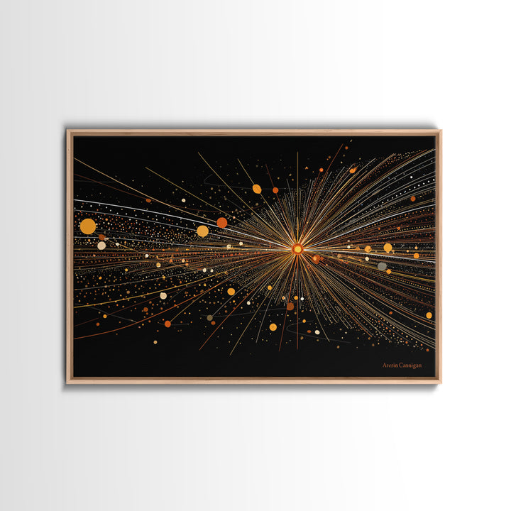 Golden Starburst Lines And Dots Canvas Print, Modern Abstract Art, Atomic Retro Wall Art Decor For Living Room Home Office