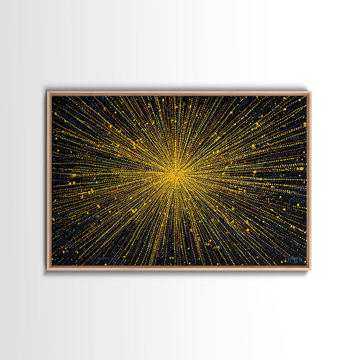 Radiant Yellow Dotted Starburst Canvas Print, Modern Abstract Art, Cosmic Retro Wall Art, Bold Geometric Decor For Home Office