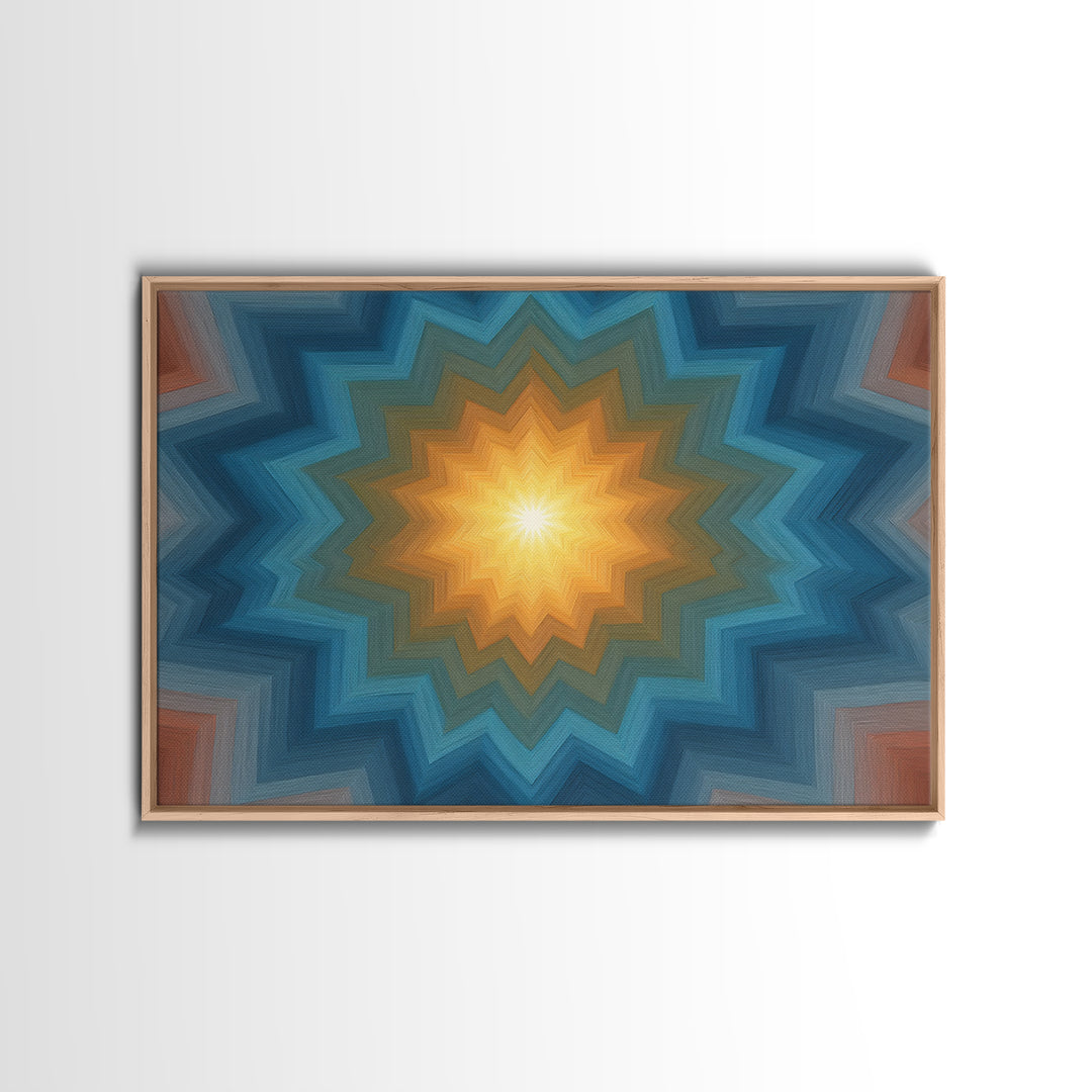 Teal And Orange Geometric Mandala Starburst Canvas Print, Midcentury Modern Wall Art, Atomic MCM Home Decor For Living Room