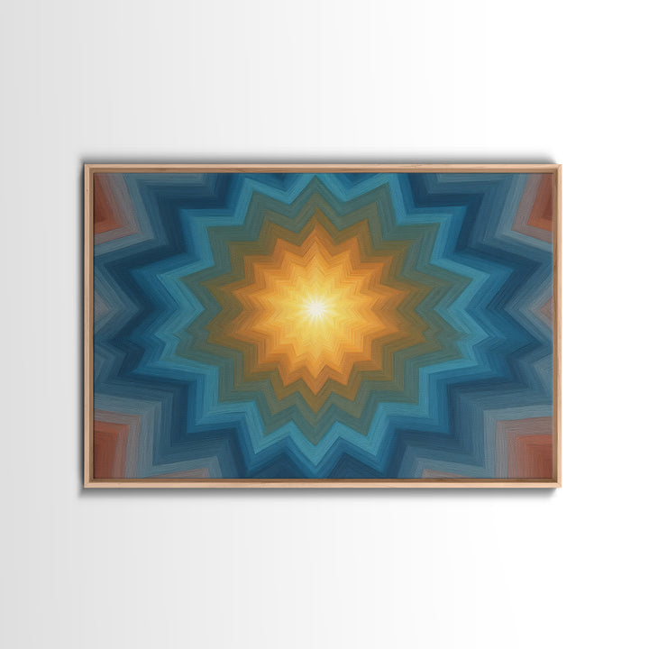 Teal And Orange Geometric Mandala Starburst Canvas Print, Midcentury Modern Wall Art, Atomic MCM Home Decor For Living Room