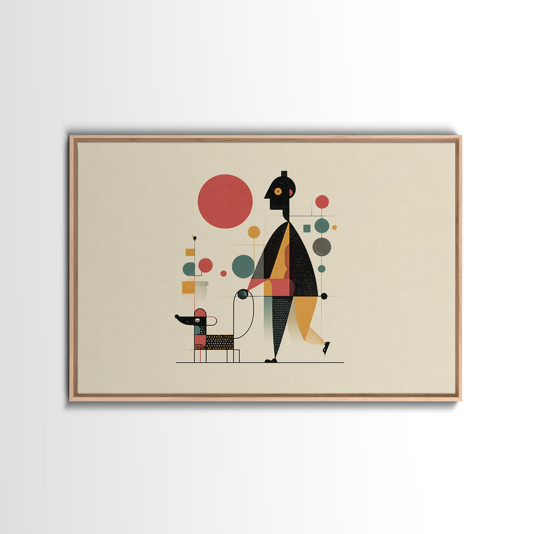 Whimsical Abstract Figure With Dog Canvas Print, Midcentury Modern Wall Art, Atomic Circles, Retro MCM Nursery Office Decor
