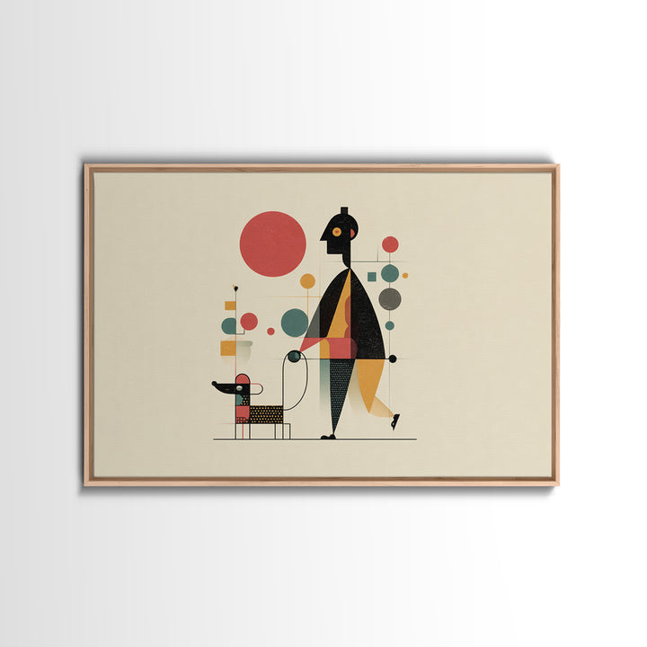 Whimsical Abstract Figure With Dog Canvas Print, Midcentury Modern Wall Art, Atomic Circles, Retro MCM Nursery Office Decor