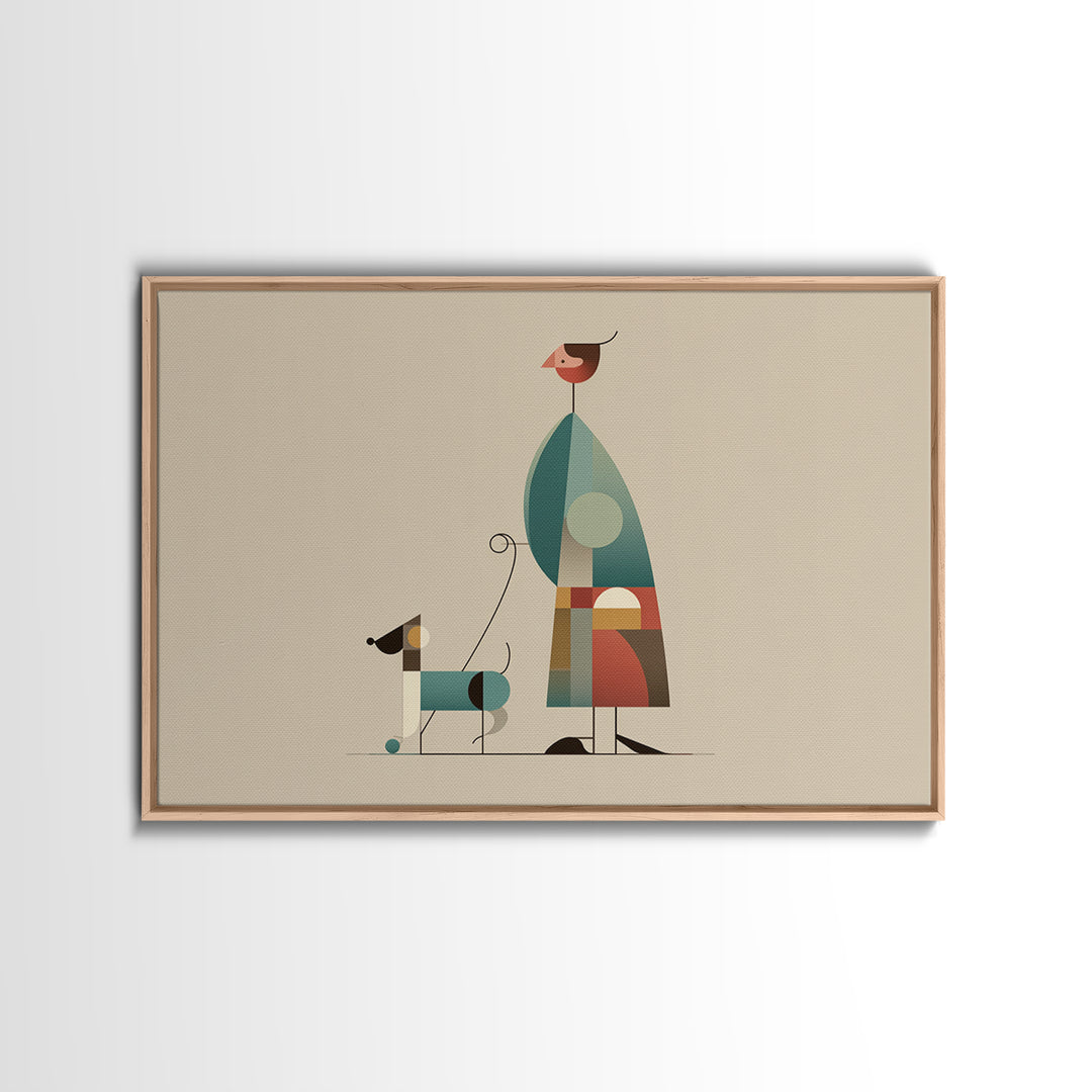 Minimalist Woman Walking Dog Canvas Print, Midcentury Modern Art, Scandinavian Retro Decor, Neutral Beige Gallery Wall Art