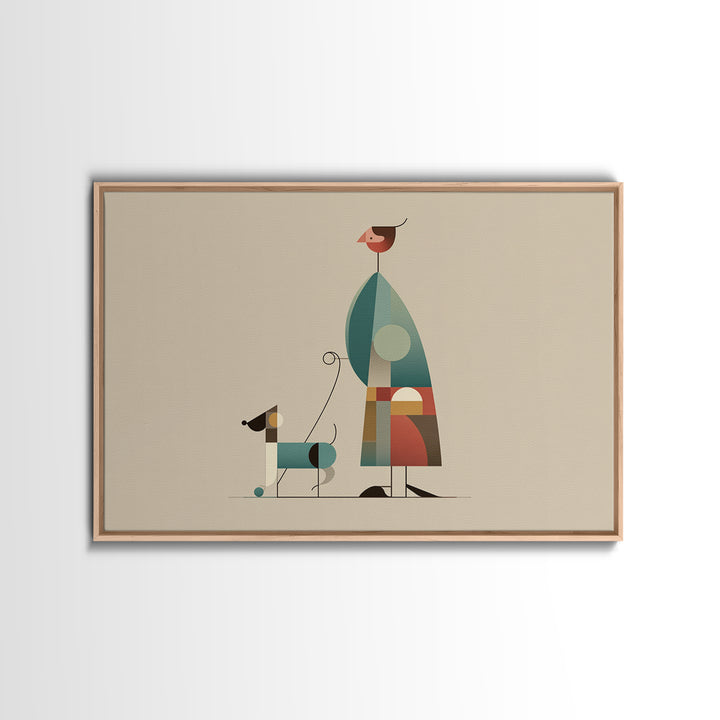 Minimalist Woman Walking Dog Canvas Print, Midcentury Modern Art, Scandinavian Retro Decor, Neutral Beige Gallery Wall Art