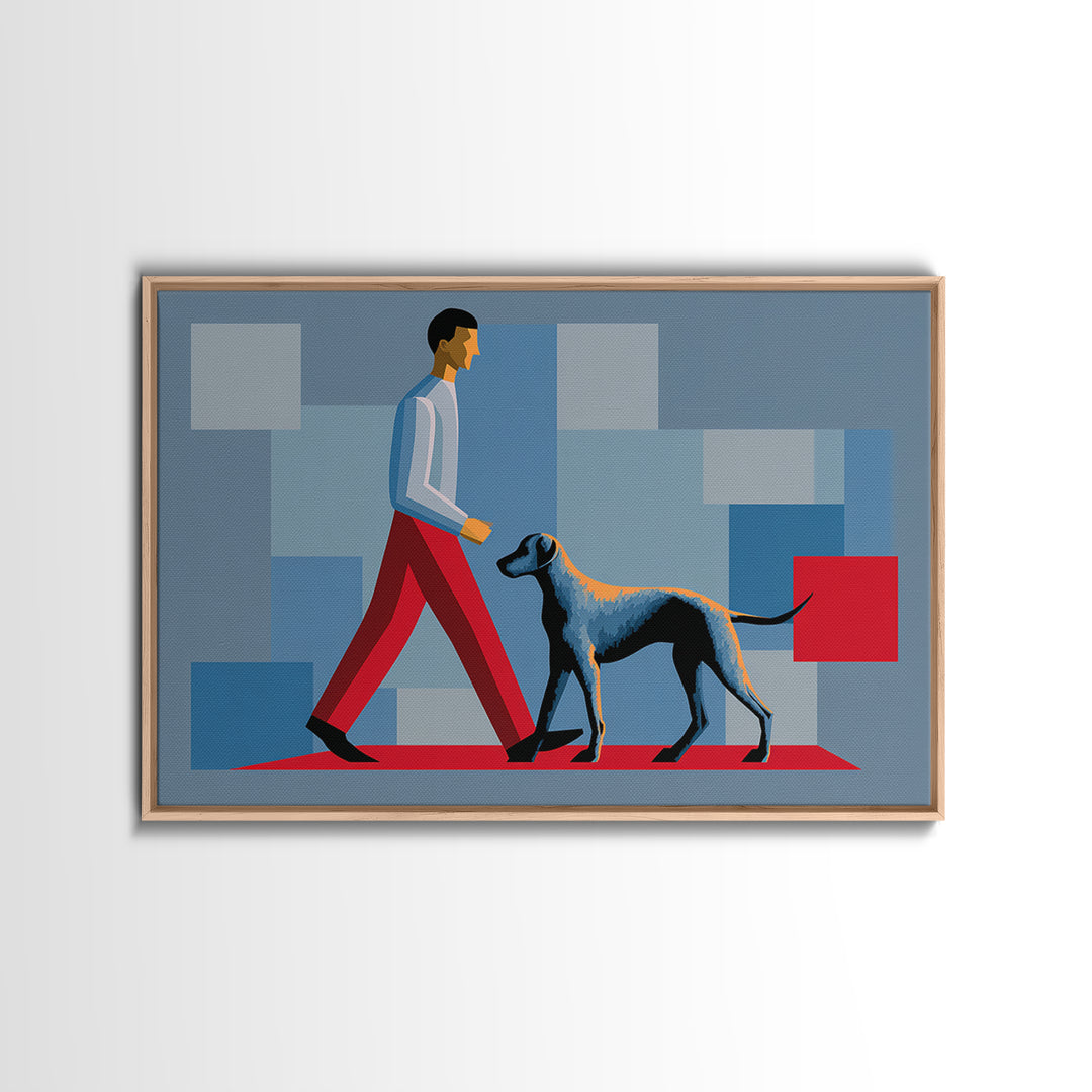 Stylish Man Walking Grey Dog Wall Art, Midcentury Modern Canvas Print, Blue Red Geometric Decor, Masculine Office Artwork