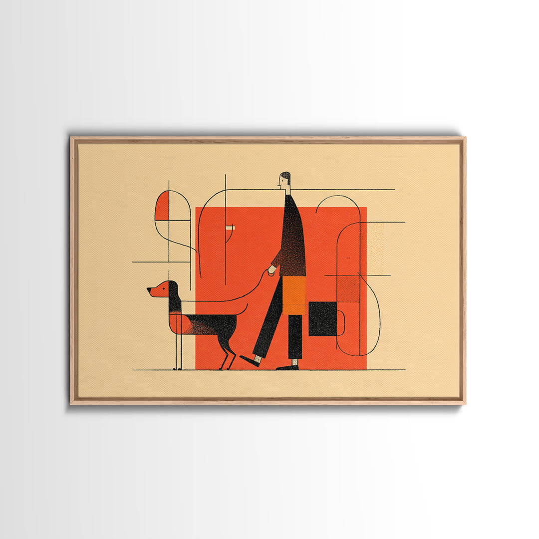 Linear Orange Dog Walker Wall Art, Midcentury Modern Abstract Print, Minimalist Geometric Poster, Retro Entryway Home Decor Gift