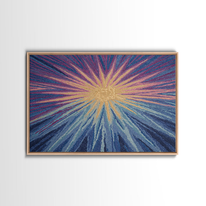 Blue Purple And Gold Radiant Sunburst Framed Canvas Print, Midcentury Modern Abstract Art, Textured Statement Wall Decor