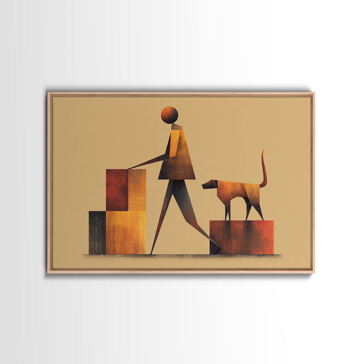 Stylized Figure With Dog On Steps Canvas Print, Midcentury Modern Wall Art, Warm Orange Brown Geometric Home Office Decor