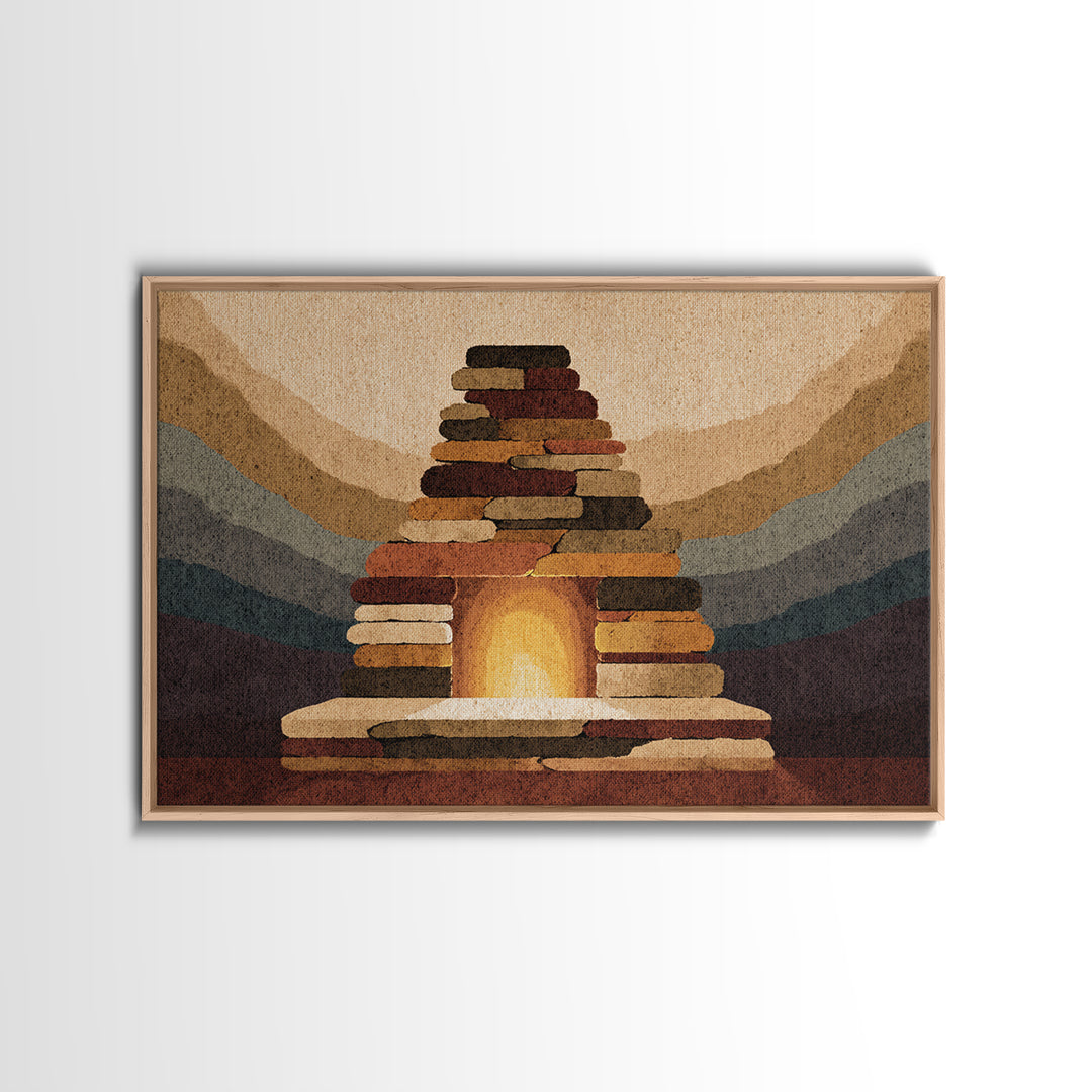 Rustic Stone Fireplace Wall Art, Mountain Lodge Midcentury Canvas Print, Warm Cabin Decor For Living Room Or Office Gallery