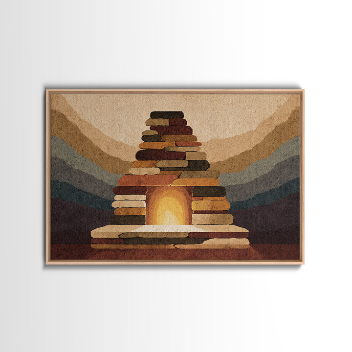 Rustic Stone Fireplace Wall Art, Mountain Lodge Midcentury Canvas Print, Warm Cabin Decor For Living Room Or Office Gallery