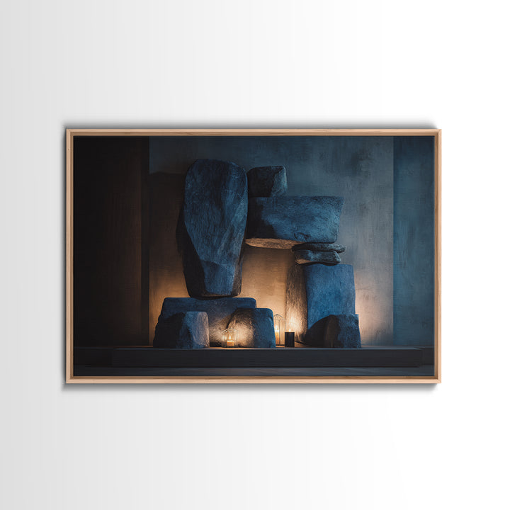 Blue Megalith Stone Sculpture Wall Art, Dramatic Modern Framed Canvas Print, Moody Minimalist Decor For Home Office Or Den