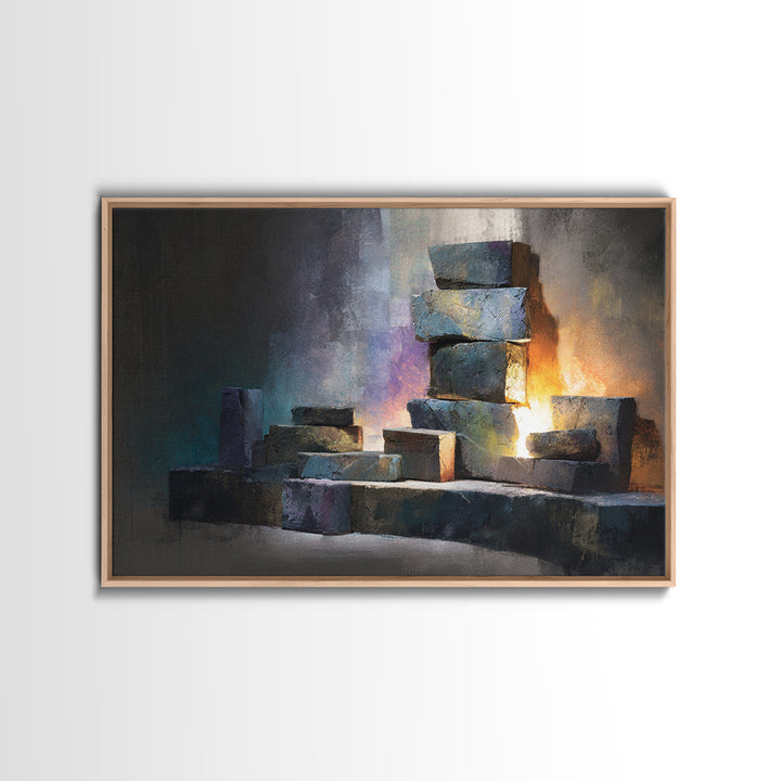 Stacked Stone Blocks Wall Art, Glowing Abstract Sculpture Canvas Print, Modern Contemporary Decor For Living Room Office