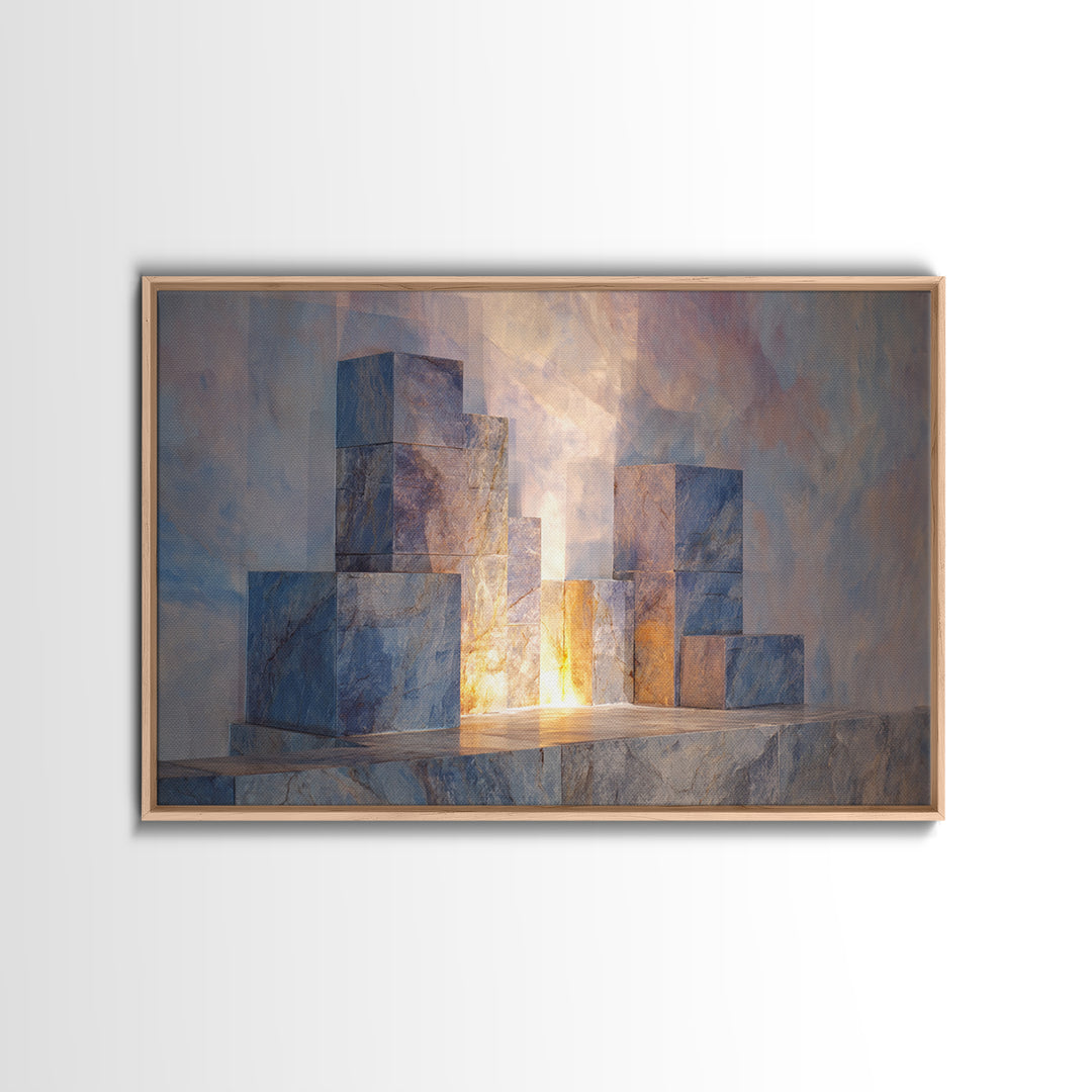 Pastel Marble Block City Wall Art, Luminous Geometric Framed Canvas Print, Modern Abstract Decor For Living Room Office Gallery