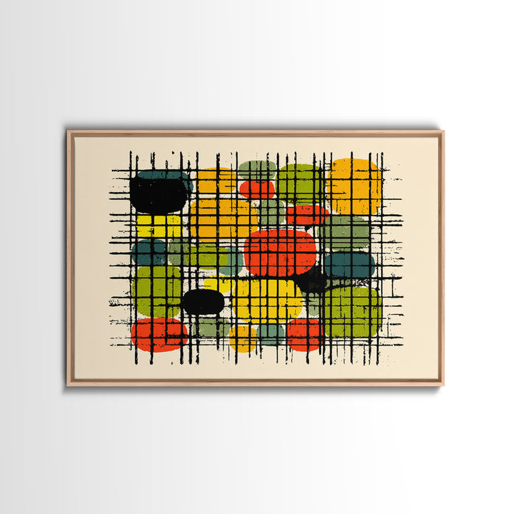 Colorful Grid Abstract Painting, Midcentury Modern Wall Art, Geometric Shapes Poster, Retro MCM Home Decor Canvas Print Gift