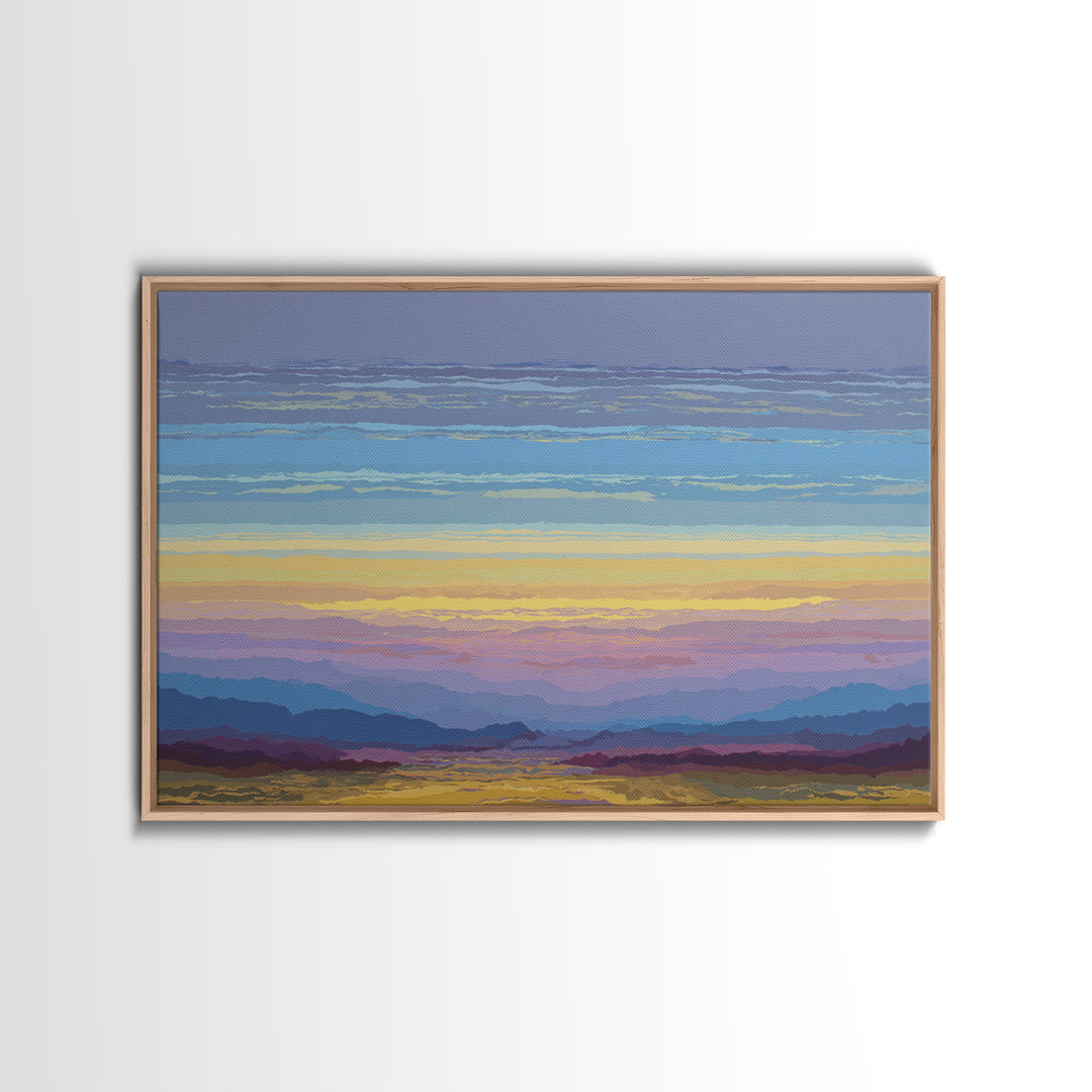 Pastel Mountain Sunset Landscape, Modern Wall Art, Scenic Nature Art Print, Serene Living Room Decor Framed Canvas Print