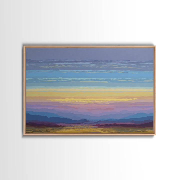 Pastel Mountain Sunset Landscape, Modern Wall Art, Scenic Nature Art Print, Serene Living Room Decor Framed Canvas Print