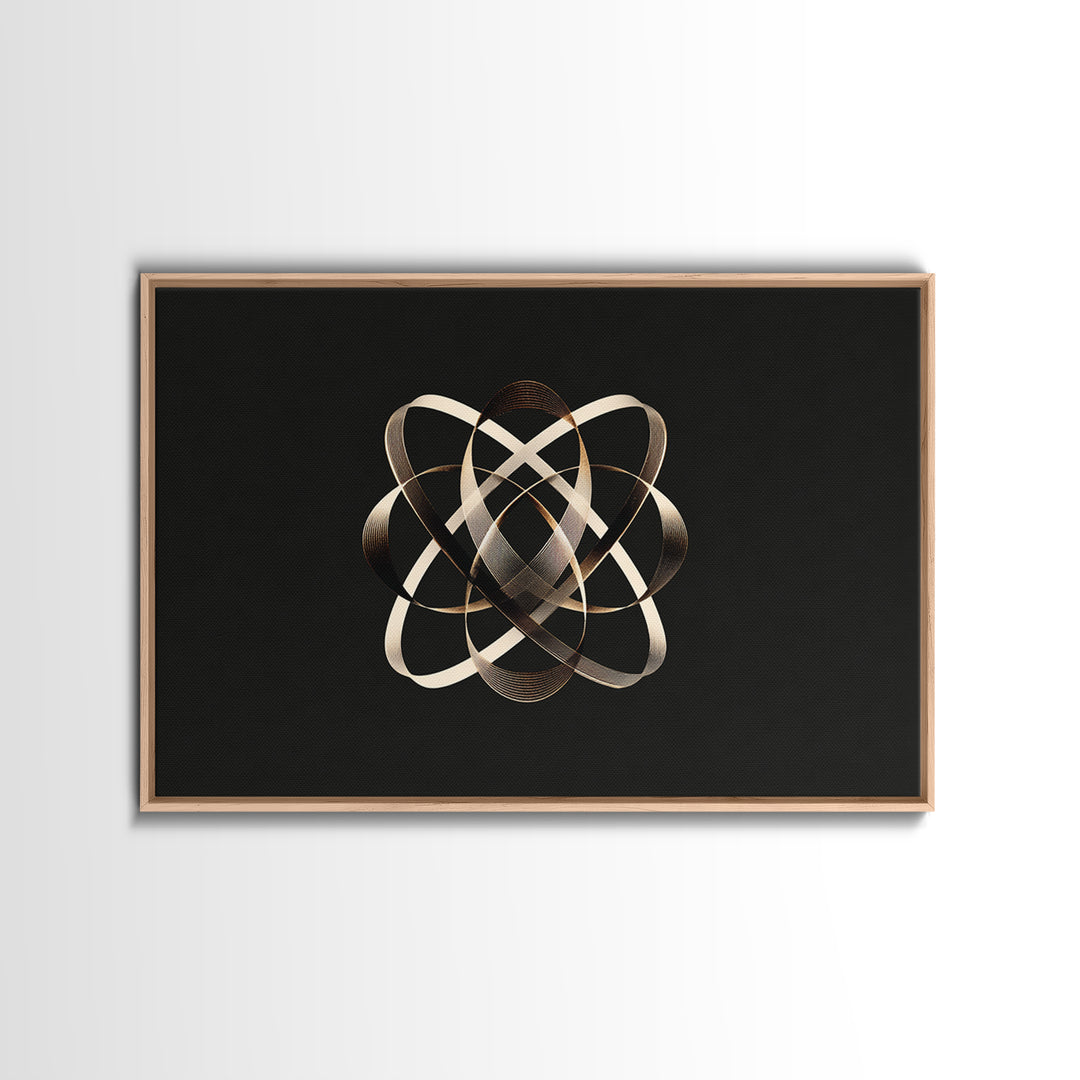 Gold Metallic Atomic Orbit On Black, Modern Wall Art, Geometric Abstract Poster, Luxe Contemporary Decor Canvas Print Gift