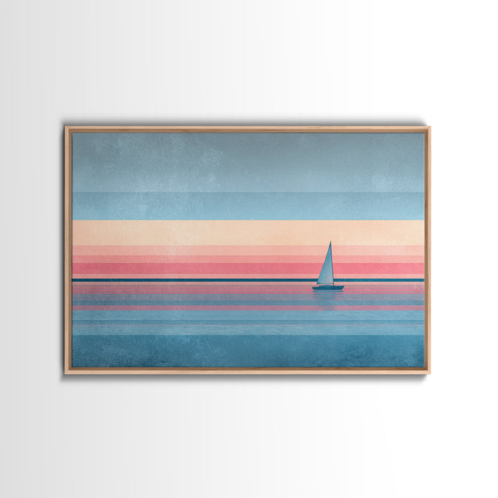 Pastel Sailboat Horizon Canvas Print, Coastal Wall Art, Minimalist Seascape, Retro Modern Decor For Beach House, Living Room Art