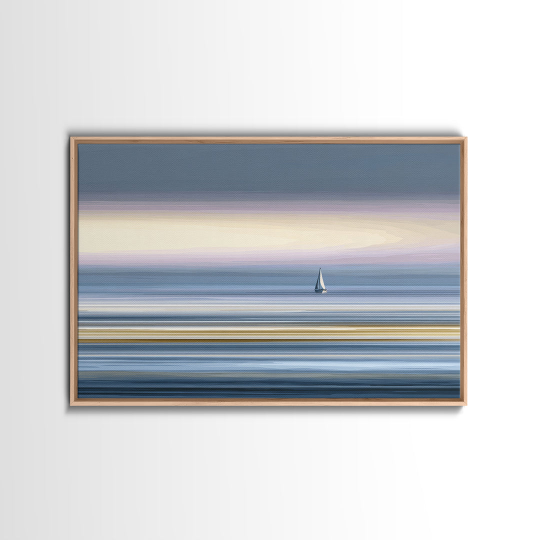 Minimal Sailboat At Dusk Canvas Print, Serene Coastal Wall Art, Pastel Ocean Horizon, Modern Bedroom Decor, Large Print Gift