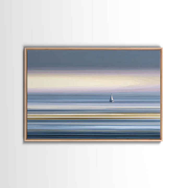 Minimal Sailboat At Dusk Canvas Print, Serene Coastal Wall Art, Pastel Ocean Horizon, Modern Bedroom Decor, Large Print Gift