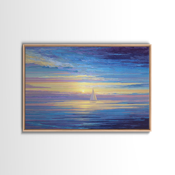 Sunset Sailboat Ocean Framed Canvas Print, Colorful Seascape Wall Art, Coastal Modern Decor, Blue Purple Living Room Art