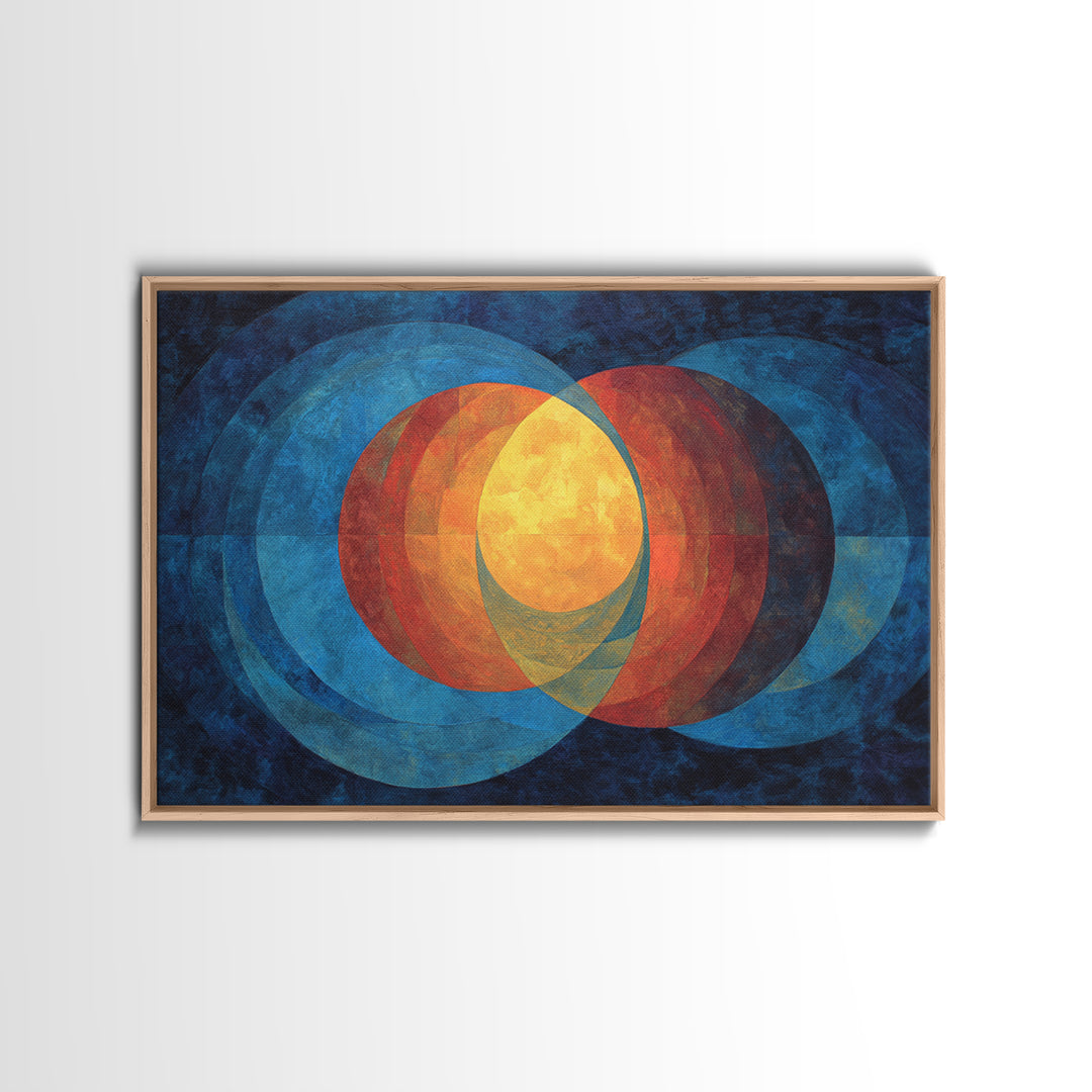 Blue Orange Overlapping Circles Wall Art, Midcentury Abstract Canvas Print, Modern Geometric Decor, Large Living Room Art