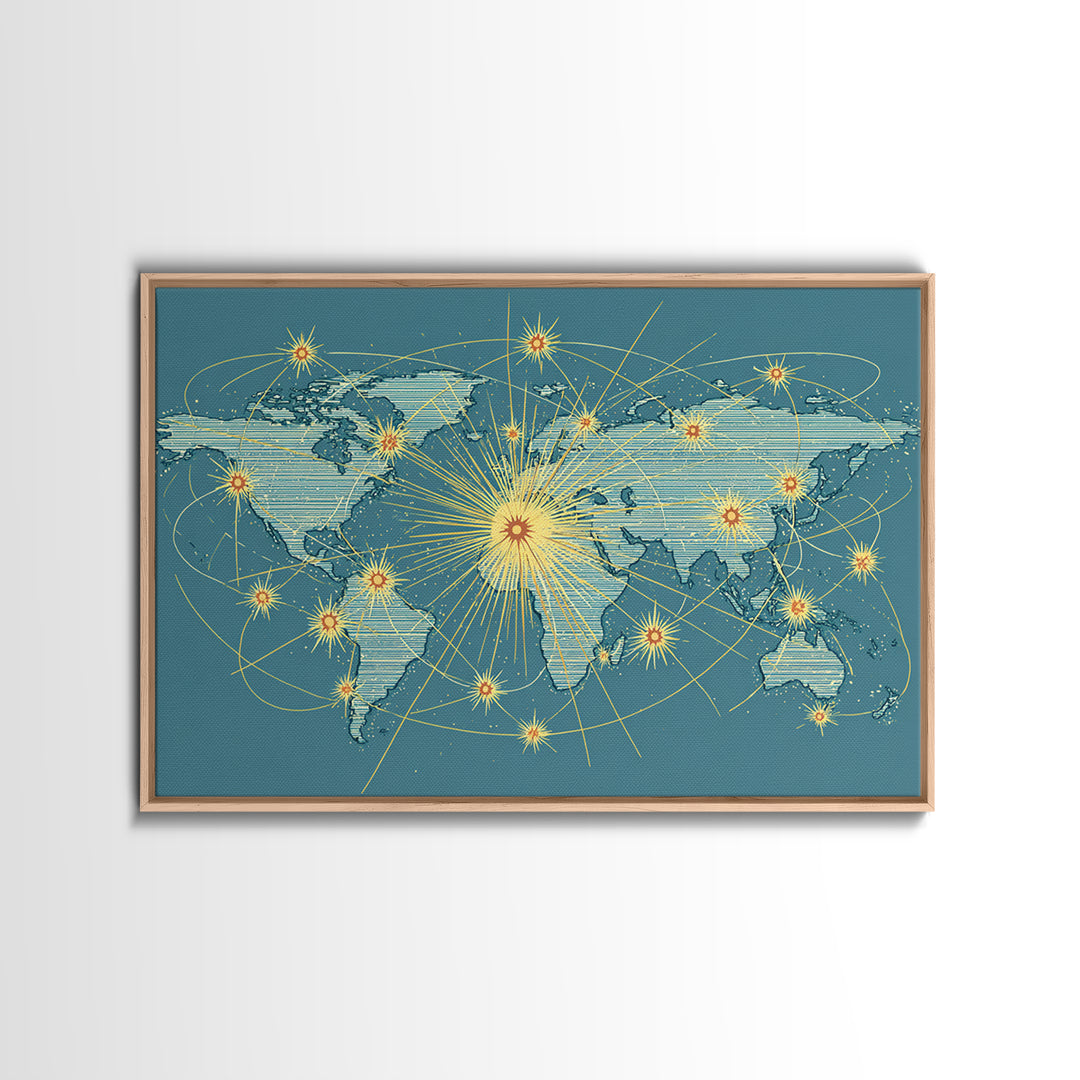 Retro World Map With Golden Network Lines Wall Art, Midcentury Modern Travel Poster, Atomic Office Decor For Global Home