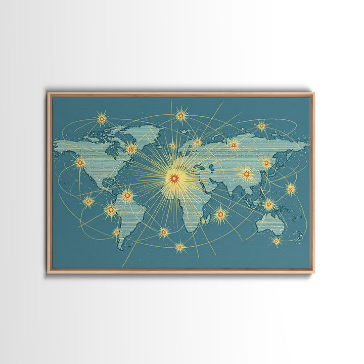 Retro World Map With Golden Network Lines Wall Art, Midcentury Modern Travel Poster, Atomic Office Decor For Global Home