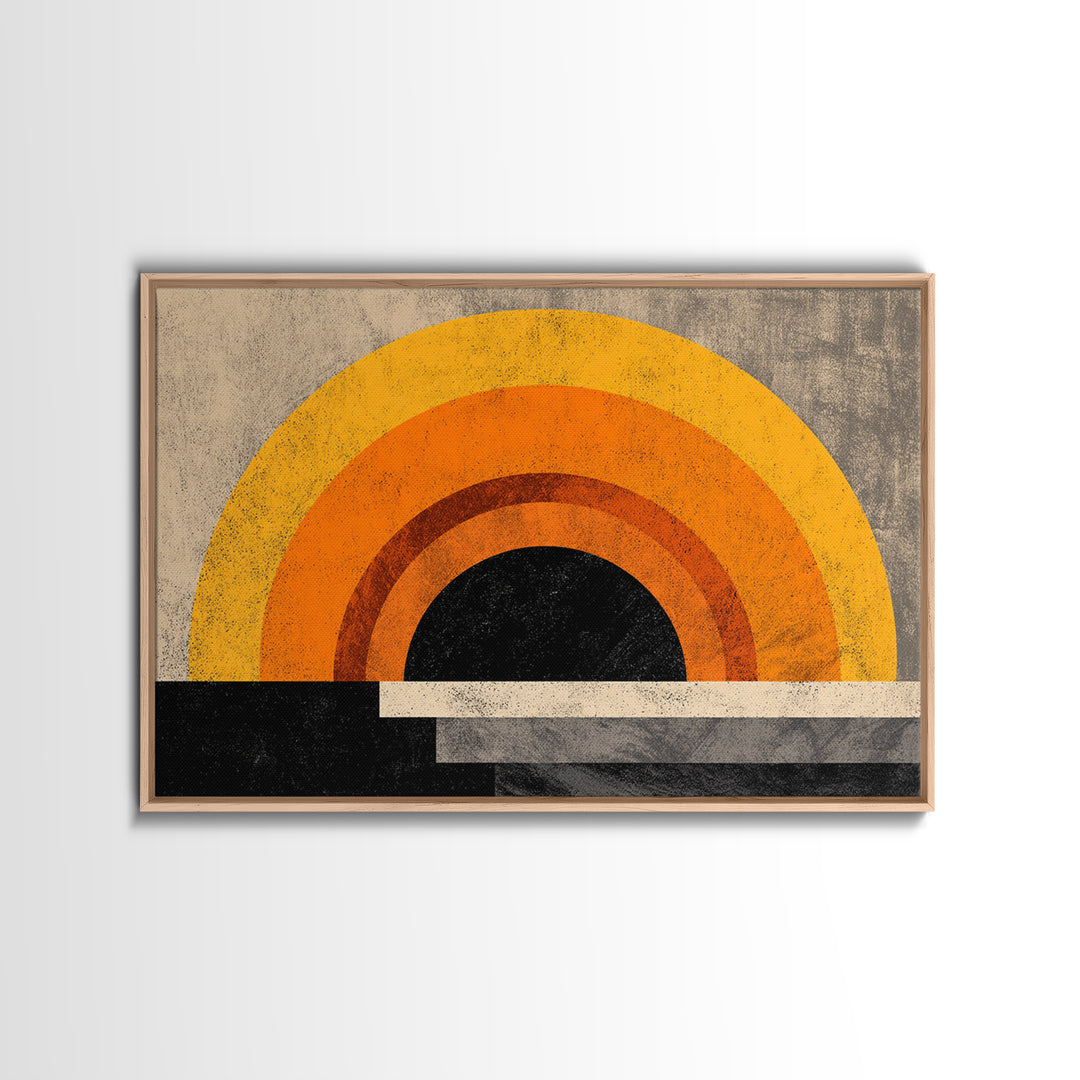 Orange Sun Rainbow Horizon Framed Canvas Print, Midcentury Sun Wall Art, Retro 70s Poster, Warm Modern Boho Living Room Home Decor