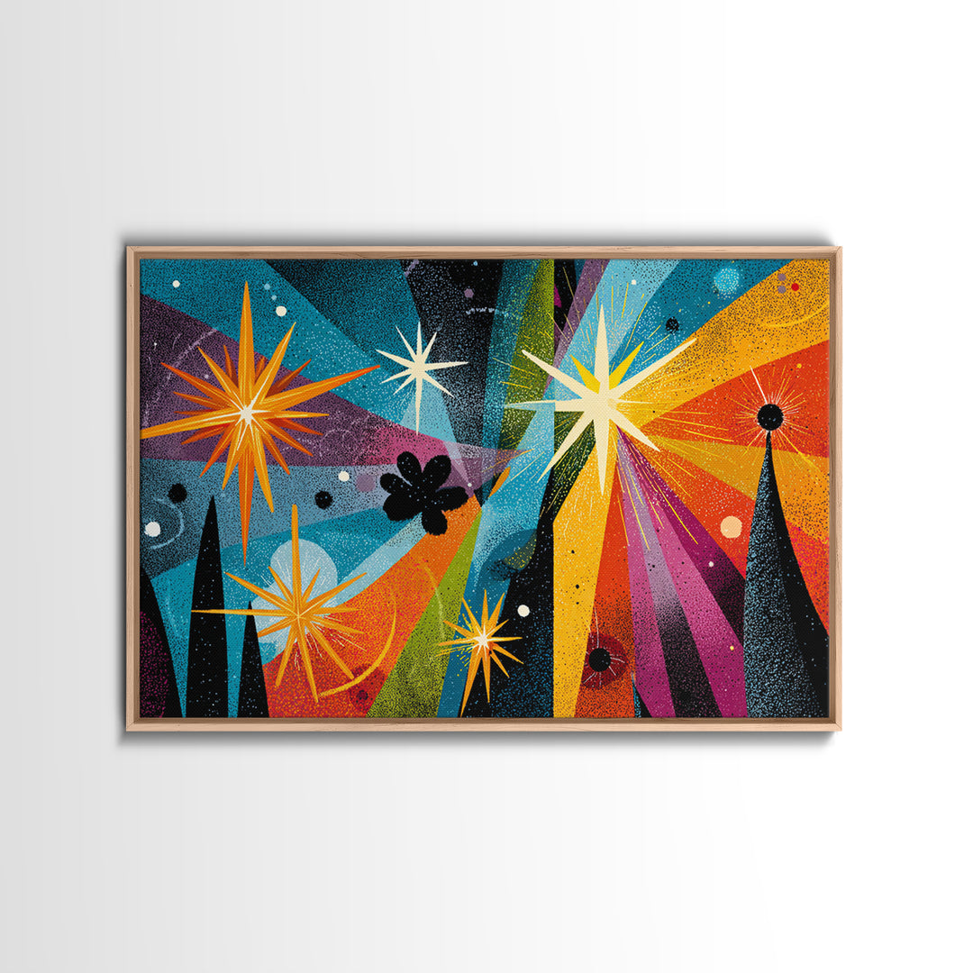 Colorful Atomic Starburst Night Wall Art, Midcentury Modern Art Print, Retro Space Abstract, Funky MCM Living Room Wall Decor