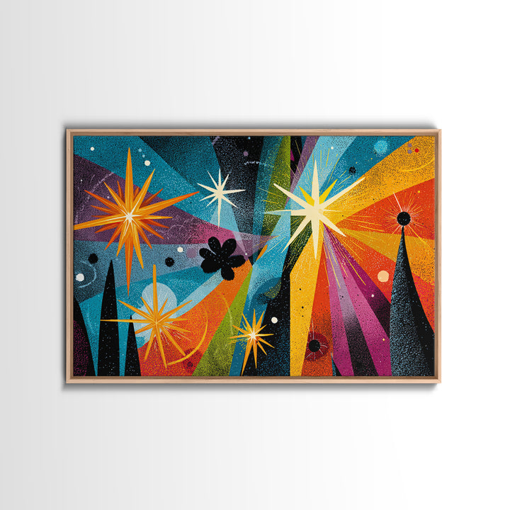 Colorful Atomic Starburst Night Wall Art, Midcentury Modern Art Print, Retro Space Abstract, Funky MCM Living Room Wall Decor