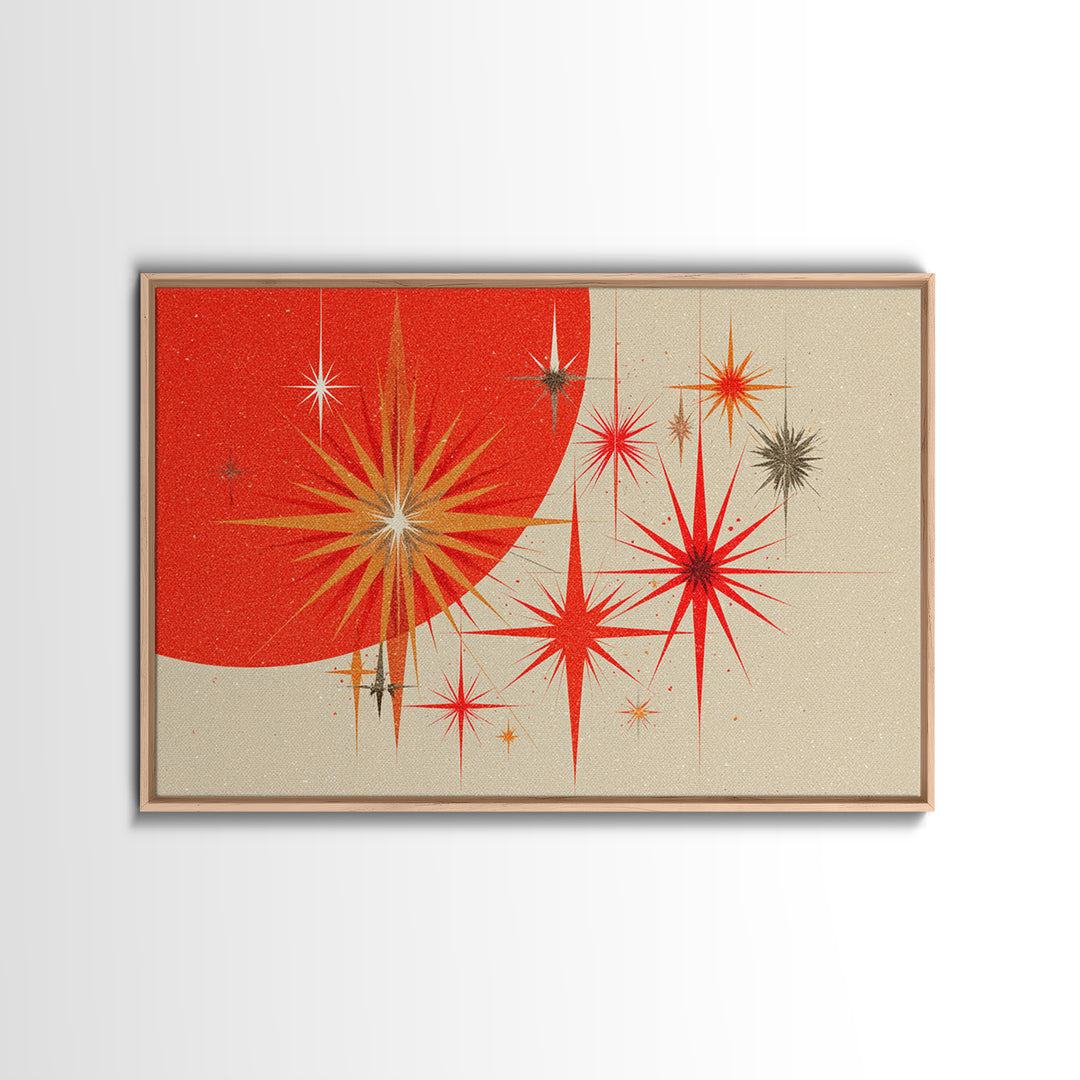 Red Orange Starbursts And Circle Wall Art, Midcentury Modern Abstract Art Print, Atomic Retro Poster, Minimal Home Decor