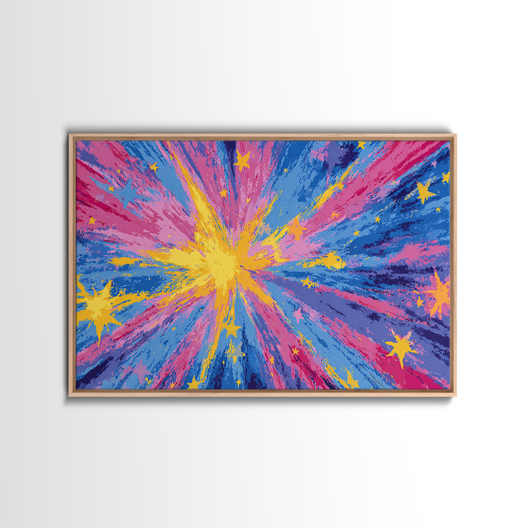 Pink Blue Yellow Star Explosion Canvas Print, Colorful Modern Wall Art, Retro Abstract Poster, Bright Kids Room Nursery Decor