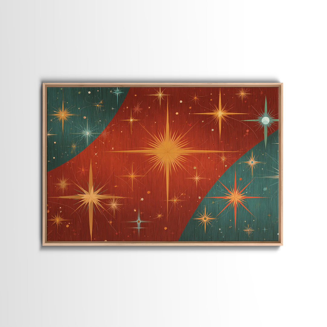 Red Teal Atomic Starburst Wall Art, Midcentury Modern Art Print, Retro Space Abstract, Warm MCM Living Room Statement Home Decor