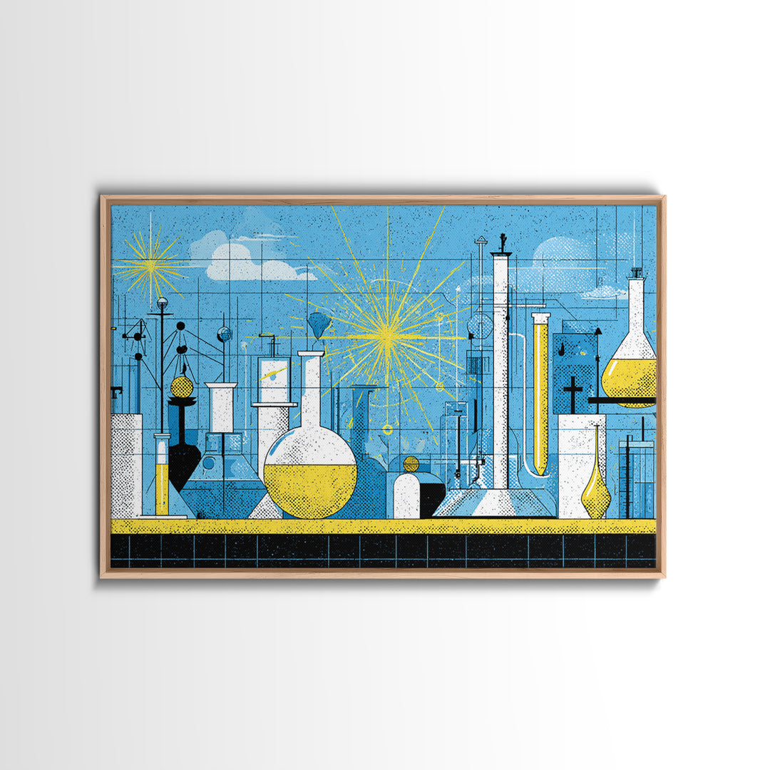 Blue Atomic Science Lab Canvas Print, Midcentury Modern Art, Yellow Sunburst Chemistry Decor, Retro Laboratory Wall Decor