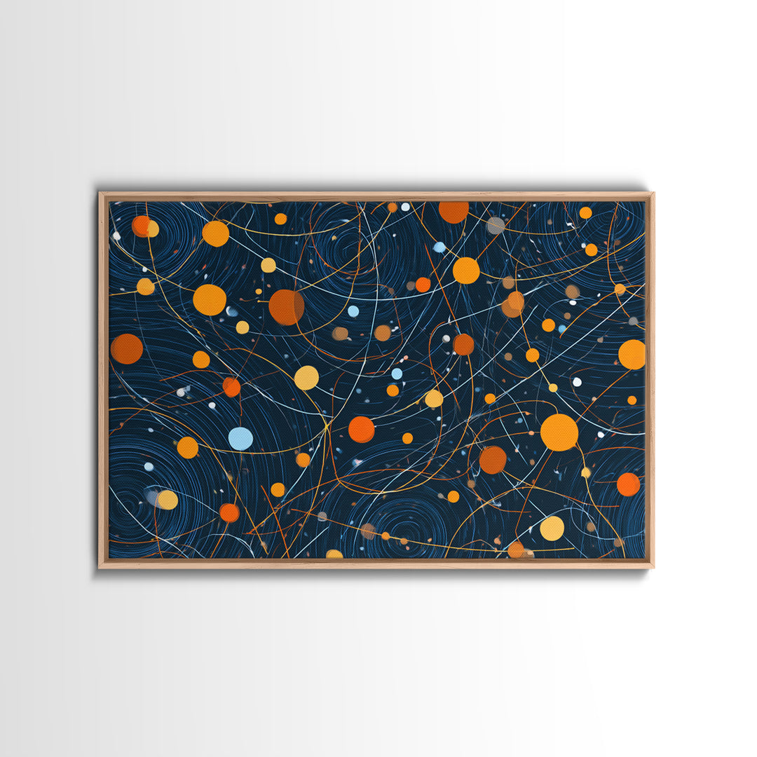 Dark Blue Orange Orbital Wall Art, Midcentury Modern Atomic Abstract Print, Cosmic Geometric Decor, MCM Retro Space Poster
