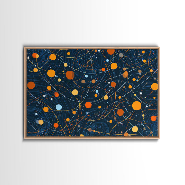 Dark Blue Orange Orbital Wall Art, Midcentury Modern Atomic Abstract Print, Cosmic Geometric Decor, MCM Retro Space Poster