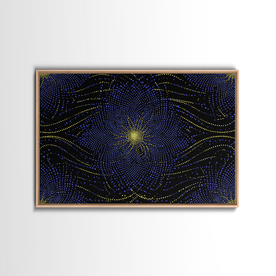 Blue Yellow Dotted Wave Canvas Print, Midcentury Modern Abstract Art, Optical Op Art Starburst, Cosmic Geometric Wall Decor