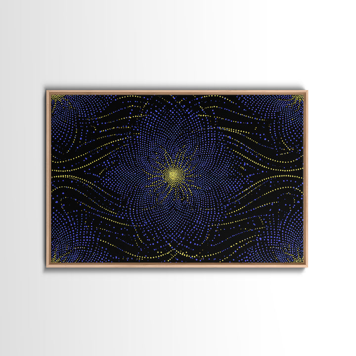 Blue Yellow Dotted Wave Canvas Print, Midcentury Modern Abstract Art, Optical Op Art Starburst, Cosmic Geometric Wall Decor