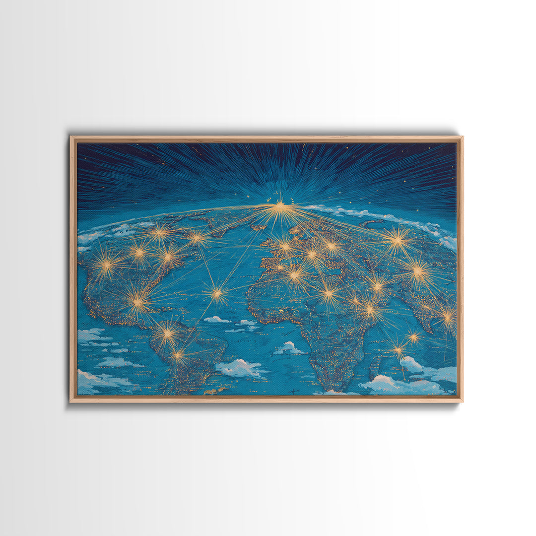 Earth From Space Network Lights Framed Canvas Print, Modern Wall Art, Midcentury Futuristic Travel Poster For Office Decor