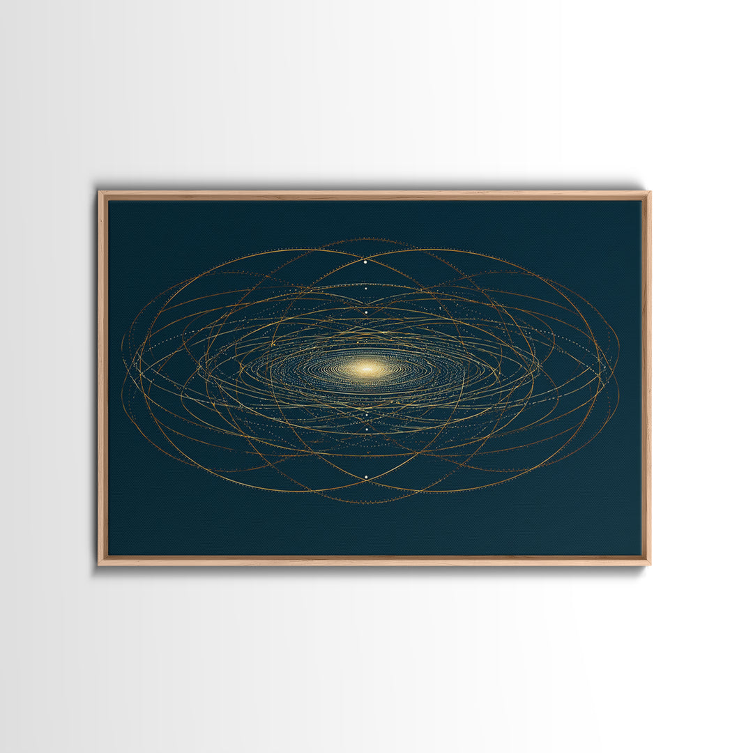 Golden Orbital Galaxy Mandala Framed Canvas Print, Midcentury Modern Abstract Art, Dark Teal Cosmic Geometric Wall Decor