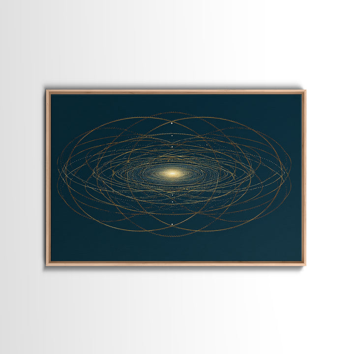 Golden Orbital Galaxy Mandala Framed Canvas Print, Midcentury Modern Abstract Art, Dark Teal Cosmic Geometric Wall Decor